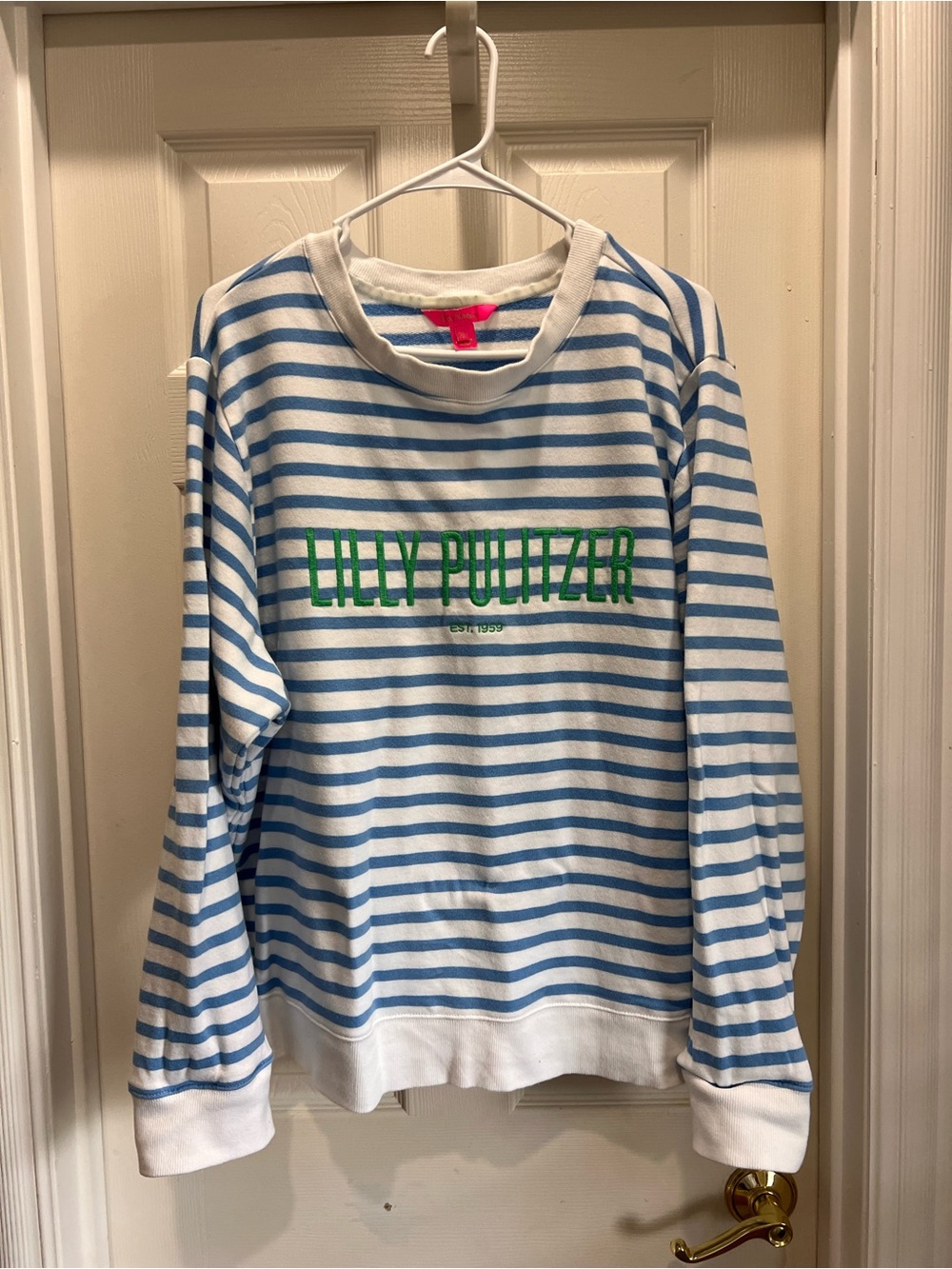 Lilly Pulitzer Blue and White Striped Pullover with Pink Logo Tag